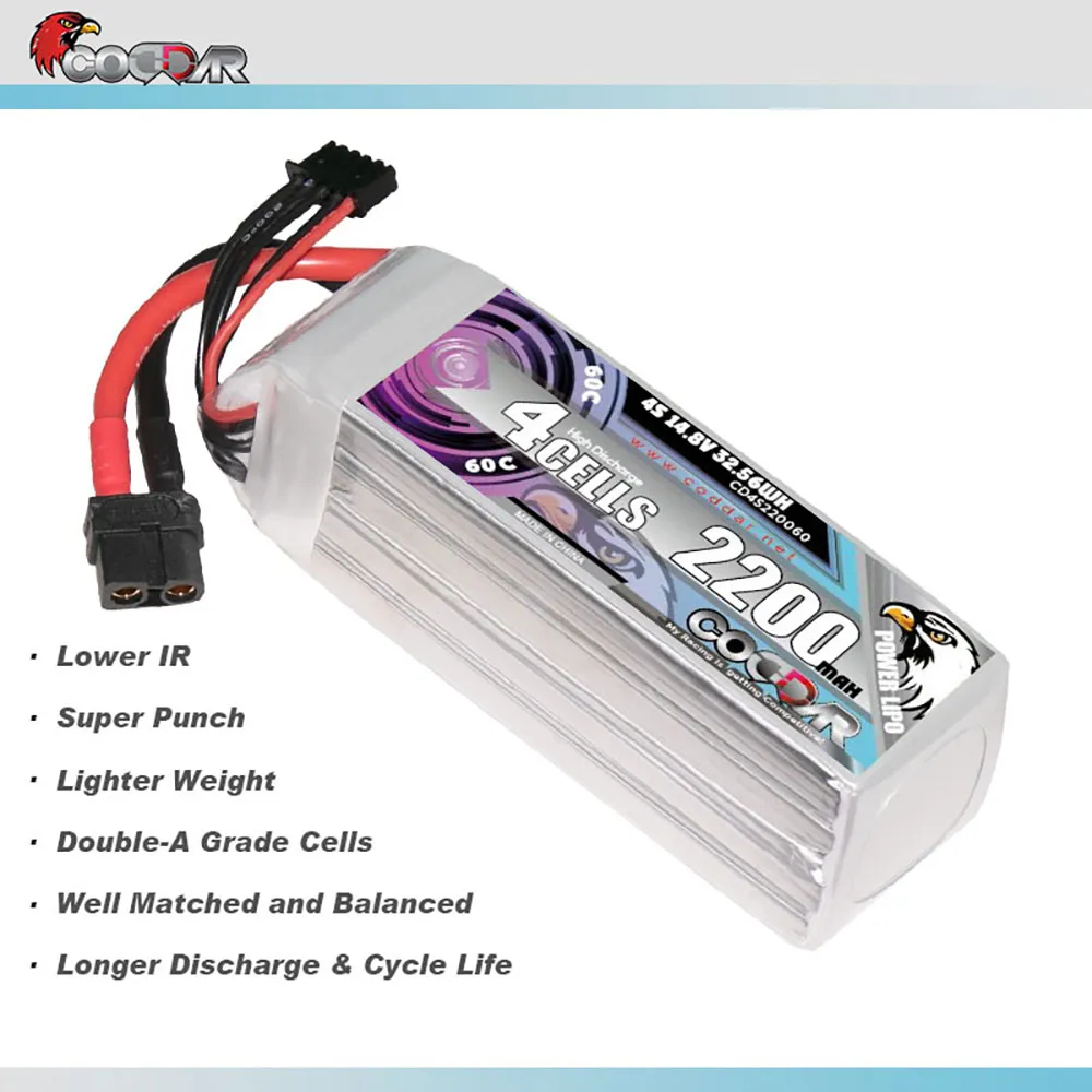 ซีดี4S220060 // Coddar 4S 14.8V 2200mAh 60C XT60 T-Plug LiPo แบตเตอรี่