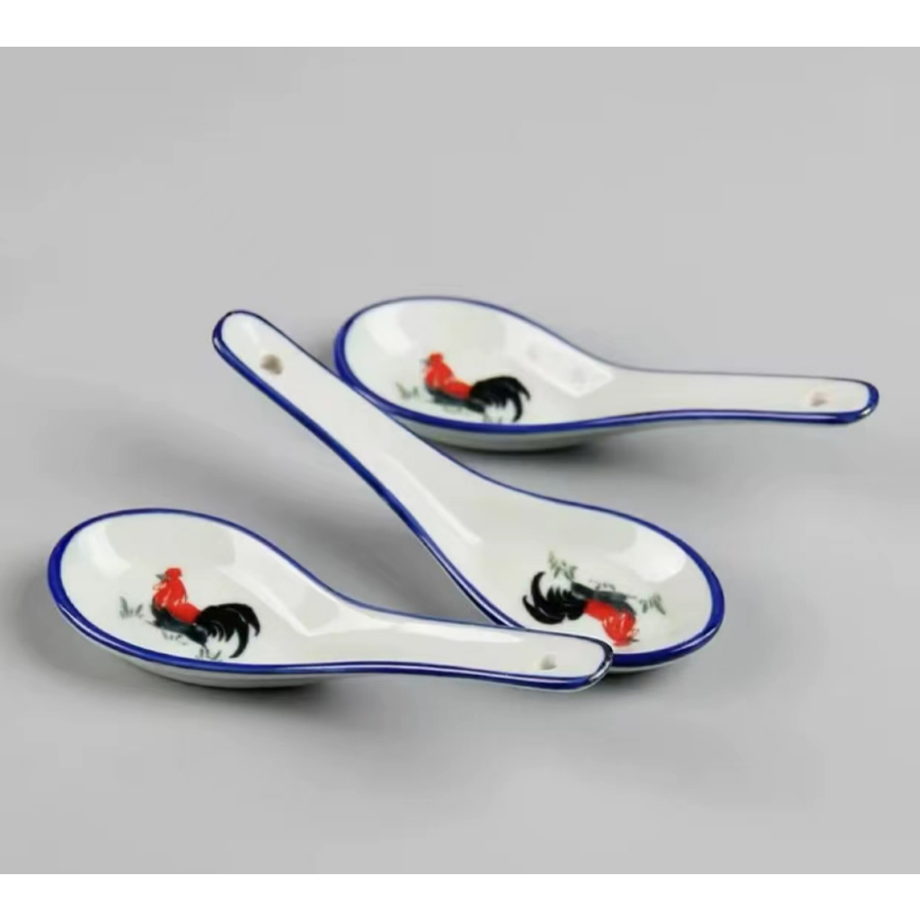 (6 ชิ้น) 13 ซม. Nostalgia Rooster เซรามิคช้อนซุปช้อนข้าว Seramik Ayam Sudu 复古鸡 ซุป