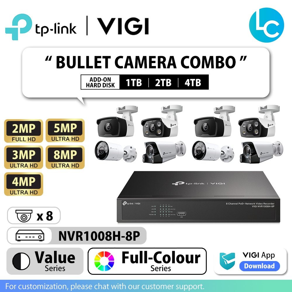 TP-Link VIGI กล้องวงจรปิด 8 Channel Bundle Set PoE แบบมีสาย Bullet กล้อง IP C320I/C330/C340/C345/C35