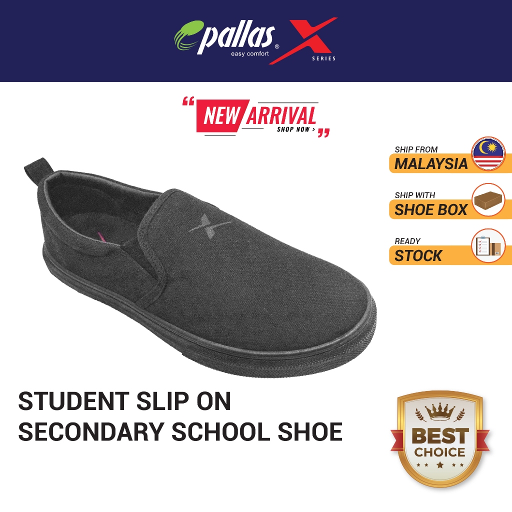 PALLAS X-SERIES สีดํา Slip-On School Shoe PX 37-018 / รองเท้าโรงเรียนสบายสําหรับเด็ก / Kasut Sekolah