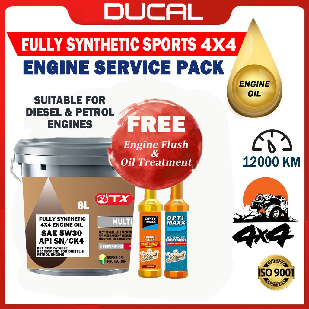 DUCAL OTX FULLY SYN น้ํามันเครื่อง 5W30 API SN/CK4 8 ลิตร (ฟรีเครื่องยนต์ FLUSH & OIL TREATMENT) 5W3
