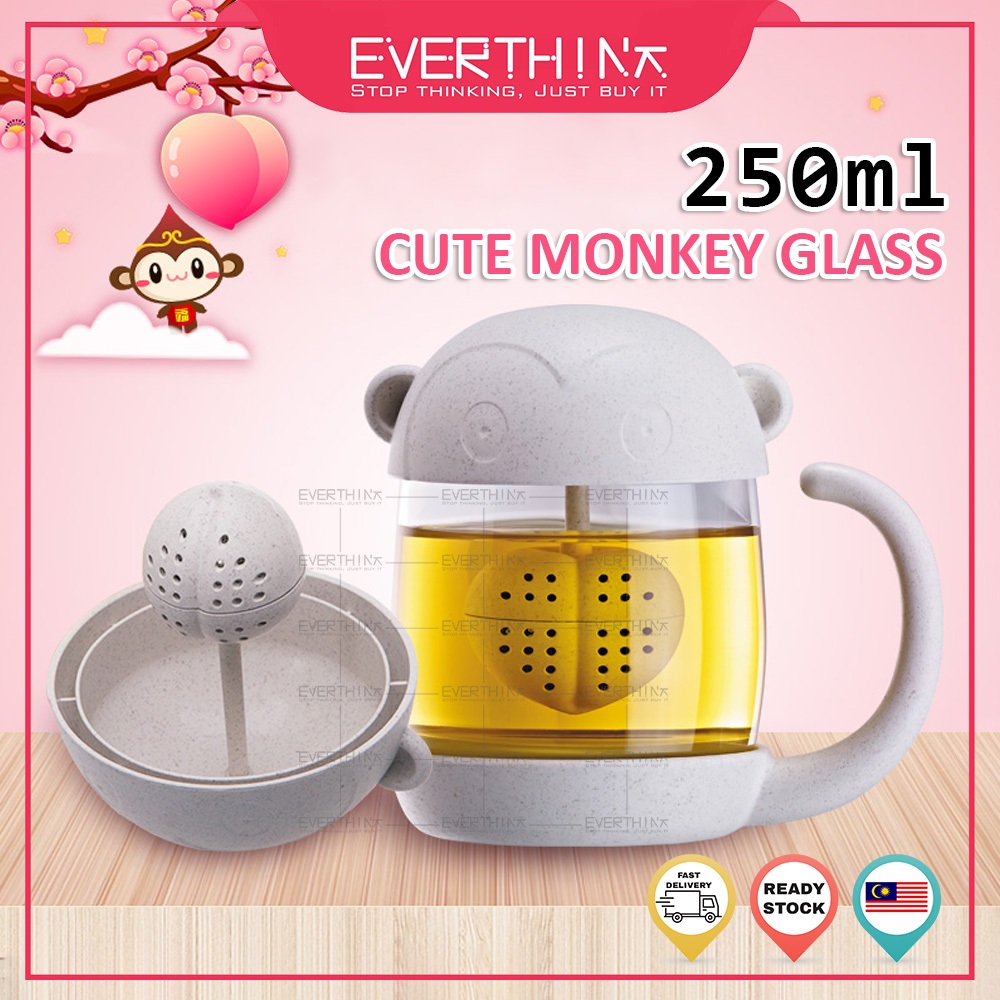 【EVERTHINK】250ML Cute Monkey Filter Tea Mug Glass with Cover Coffee Cup - Cwan Kaca Cawan Comel