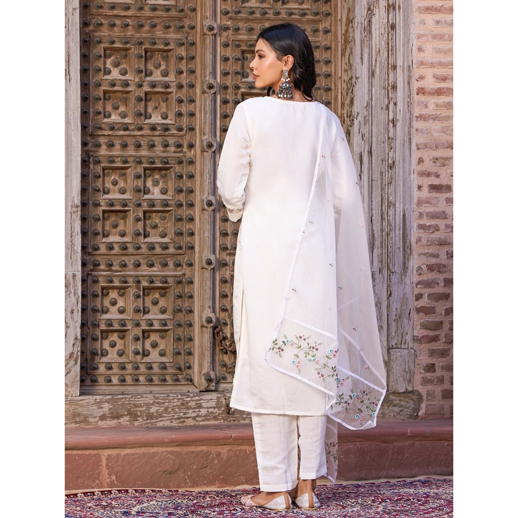 S - 4XL MVITA LIVING Designer เย็บปักถักร้อยทํางานเหนียว Chanderi Kurtis กางเกงและ Duptata ชุดสําหรับผู้หญิง - รูปที่ 3