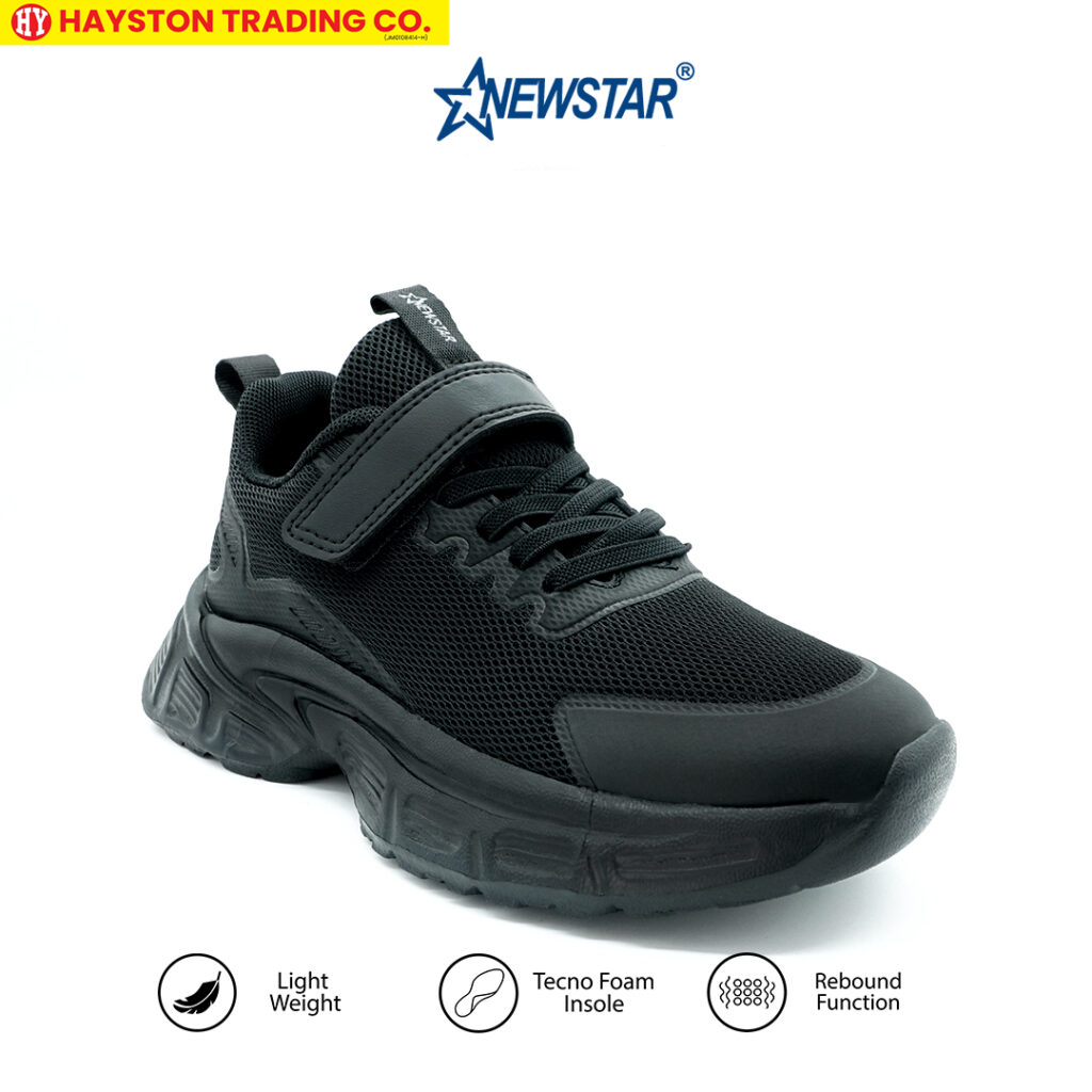 NewStar W726B สีดํารองเท้านักเรียนน้ําหนักเบาสายรัด Velcro Kasut สีดํา Sekolah Ringan