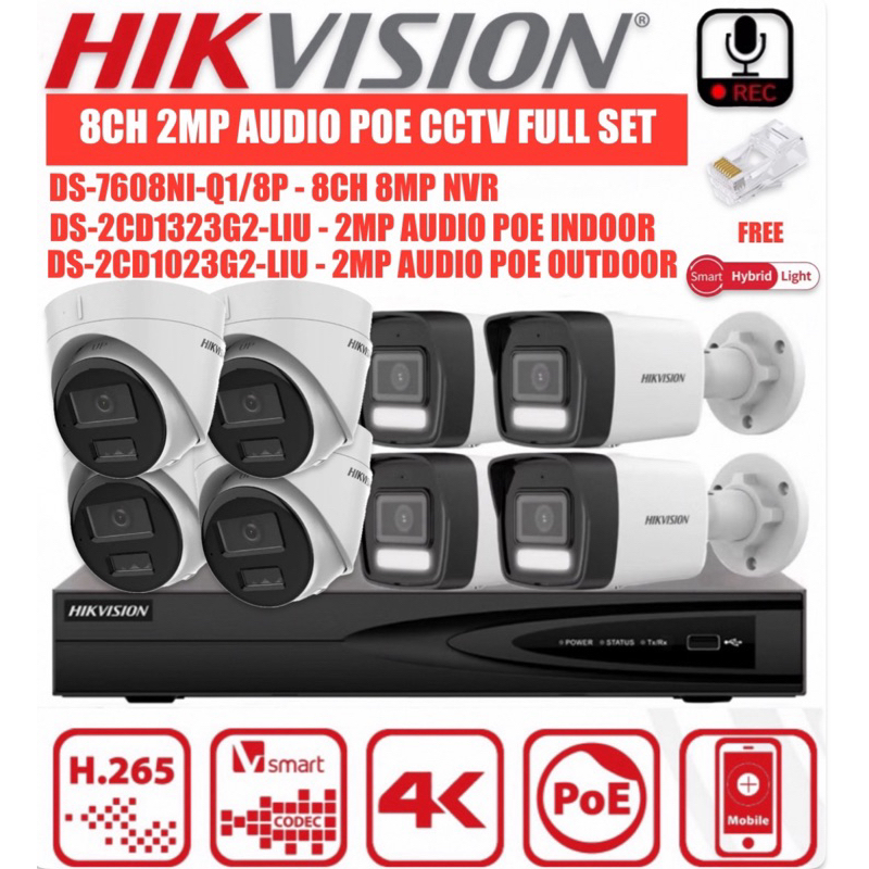 HIKVISION 8CH 2.0MP DS-7608NI-Q1/8P NVR + 8 PoE กล้องกล้องวงจรปิด IP เครือข่ายสมาร์ท Hybrid Light Mi