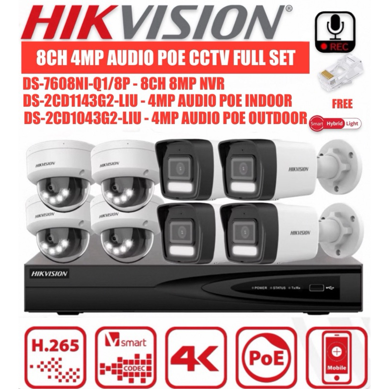 HIKVISION 8CH 4.0MP DS-7608NI-Q1/8P NVR + 8 PoE กล้องกล้องวงจรปิด IP เครือข่ายสมาร์ท Hybrid Light Mi