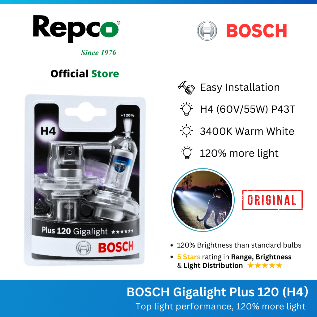 สัตว์เลื้อยคลาน® ชุดหลอดไฟหน้า Bosch Gigalight Plus 120 (3400K) H4 (2 ชิ้น) | 60V/55W | พี43ที