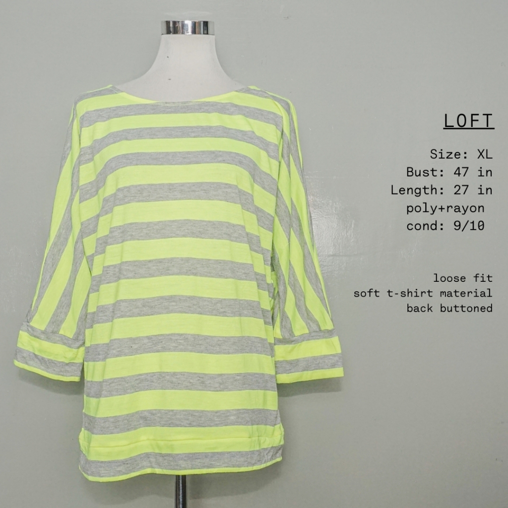 [XL] Loft เสื้อยืดแขนยาวทรงหลวมลายทางสีเขียวนีออนขนาดบวก