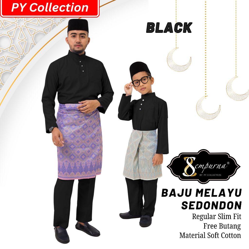 PERFECT MALAY SHIRT 2026 / Slim Fit เสื้อมาเลย์สําหรับเด็กและผู้ใหญ่สีดําผ้าฝ้าย PAIR C007BM / BMC