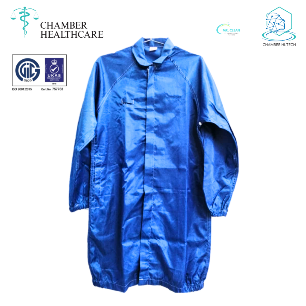 Chambers ESD Cleanroom เสื้อแจ็คเก็ตยาวพิเศษ [ดีไซน์: ปกติ; คอปก: ทรงปีก; สี: Royal Blue]