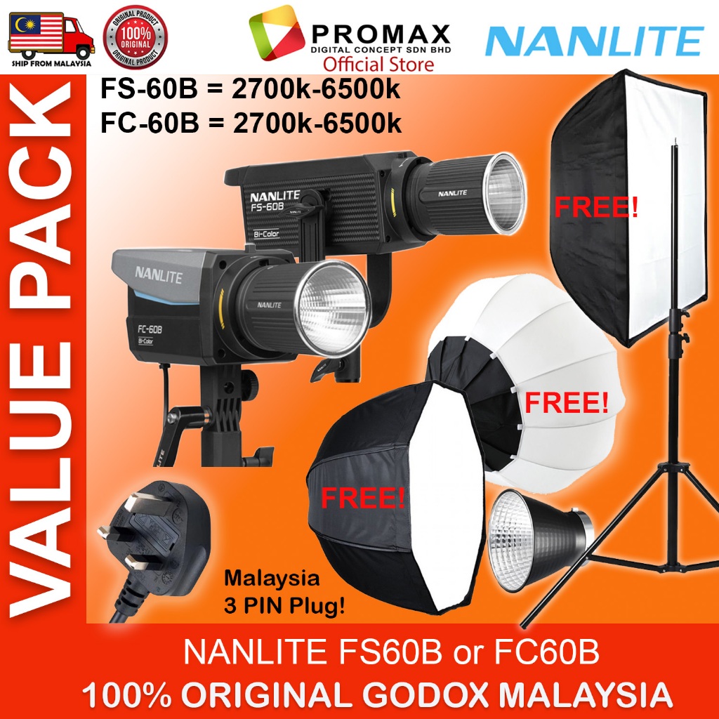 NANLITE FS60B / FC60B พร้อมโคมไฟ Octa 95 ซม. 60x90 ซม. Softbox Stand LED Video Light Photo Studio FS