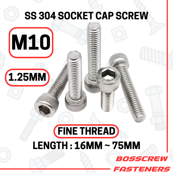 SS 304 สกรูหัวจม m10 x (16mm ~ 75mm) (1.25mm Pitch) (เกลียวละเอียด/Benang Halus)