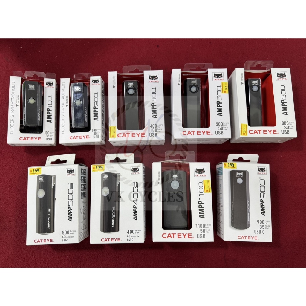 CATEYE ไฟด้านหน้า AMPP100/200/400/500/800/900/1100/400S/500S USB ชาร์จไฟหน้าขี่จักรยาน FRONT LIGHT VIZ 100