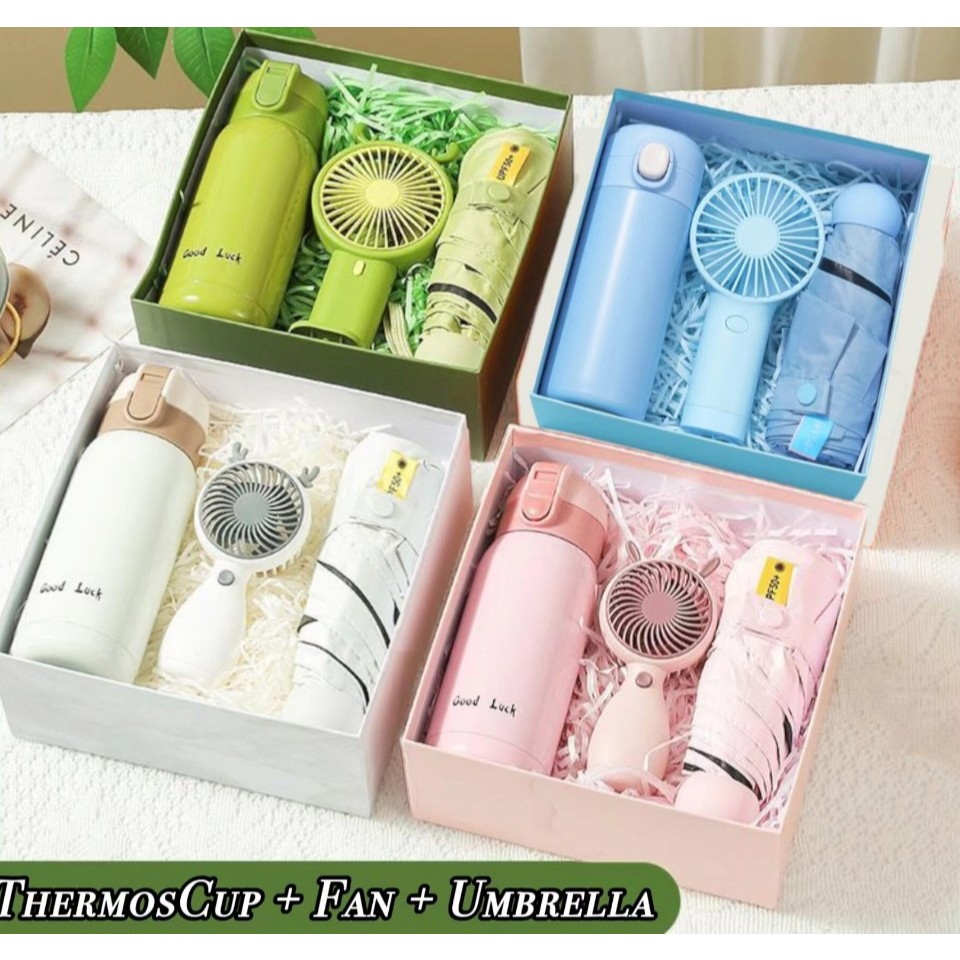 ฟรี GIFTCARD ชุดของขวัญวันเกิดที่ใช้งานได้จริง กระติกน้ําร้อน พัดลมขวด ร่ม kisas ครูวันแต่งงาน Hadia