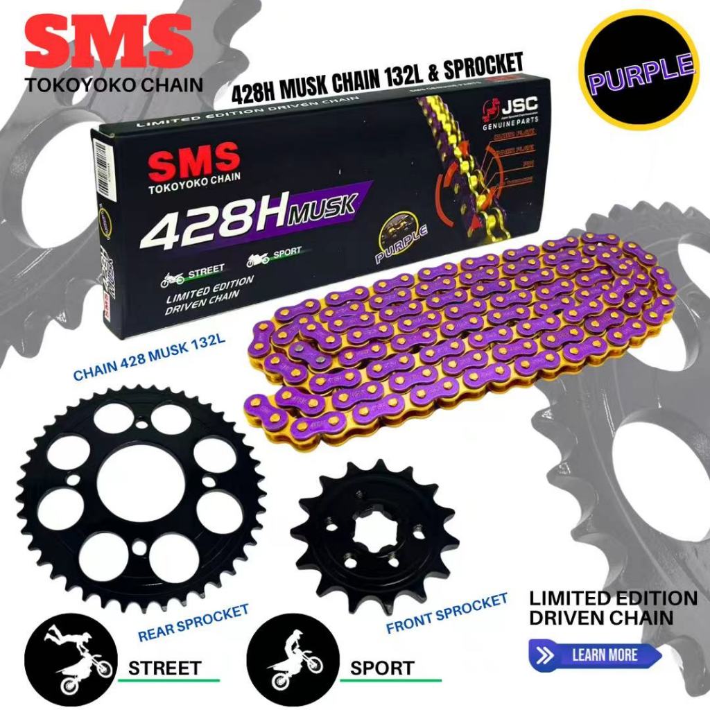 Y15-ZR Y15 V1 V2 428HD-132L HTM SMS 42H MUSK CHAIN 428 SPROCKET ชุดโซ่สีม่วง & SPROCKET Y15ZR YTZ6V 