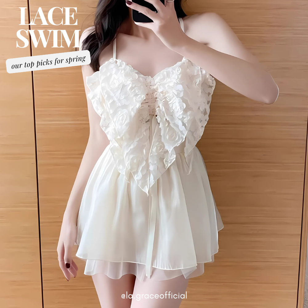 LA.GRACE OFFICIALLace ชุดว่ายน้ําบิกินี่เซ็กซี่/ชุดสีขาว/ชุดว่ายน้ําผู้หญิง/การออกแบบลูกไม้ว่ายน้ํา/