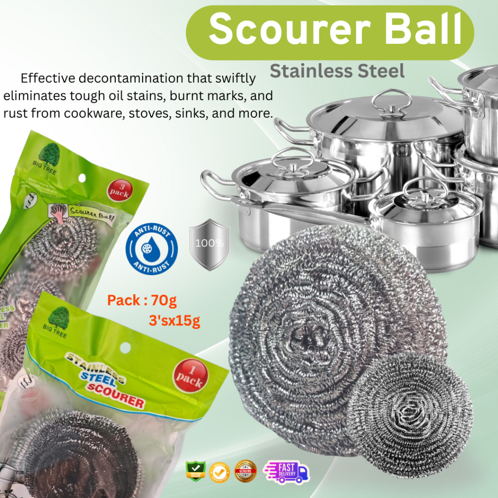 BIG TREE 100% STAINLESS STEEL SCOURER BALL/JUMBO SIZE STEEL WOOL CLEANING BALL/KITCHEN SCRUBBER(PACK-70g)(PACK15gx3S)