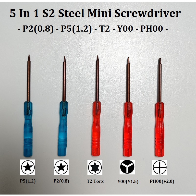 ชุดไขควงมินิเหล็ก 5 In 1 S2 - P2 (0.8), P5 (1.2), Torx T2, Y00 (Y1.5), PH00 - ชุดซ่อมอิเล็กทรอนิกส์ 