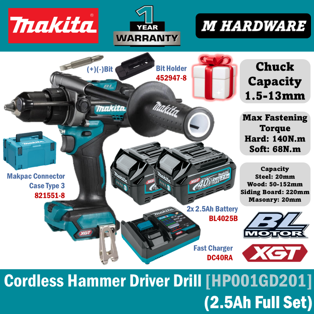MAKITA 40Vmax สว่านไดร์เวอร์ค้อนไร้สาย 13mm (1/2") HP001GD201 / HP001GZ / HP001