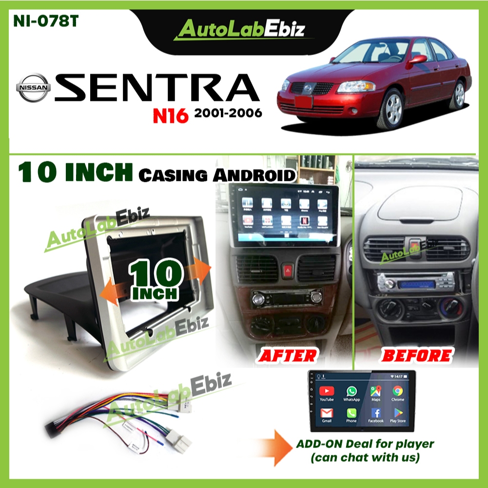 Nissan Sentra N16 2001-2006 ปลอกเครื่องเล่น Android 10" นิ้วพร้อมปลั๊กไฟ