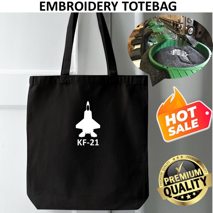EMBROIDERY SULAM KAI KF-21 FIGHTER JET SILHOUETTE TACTICAL LOGO TOTE BAG CANVAS สีดํา