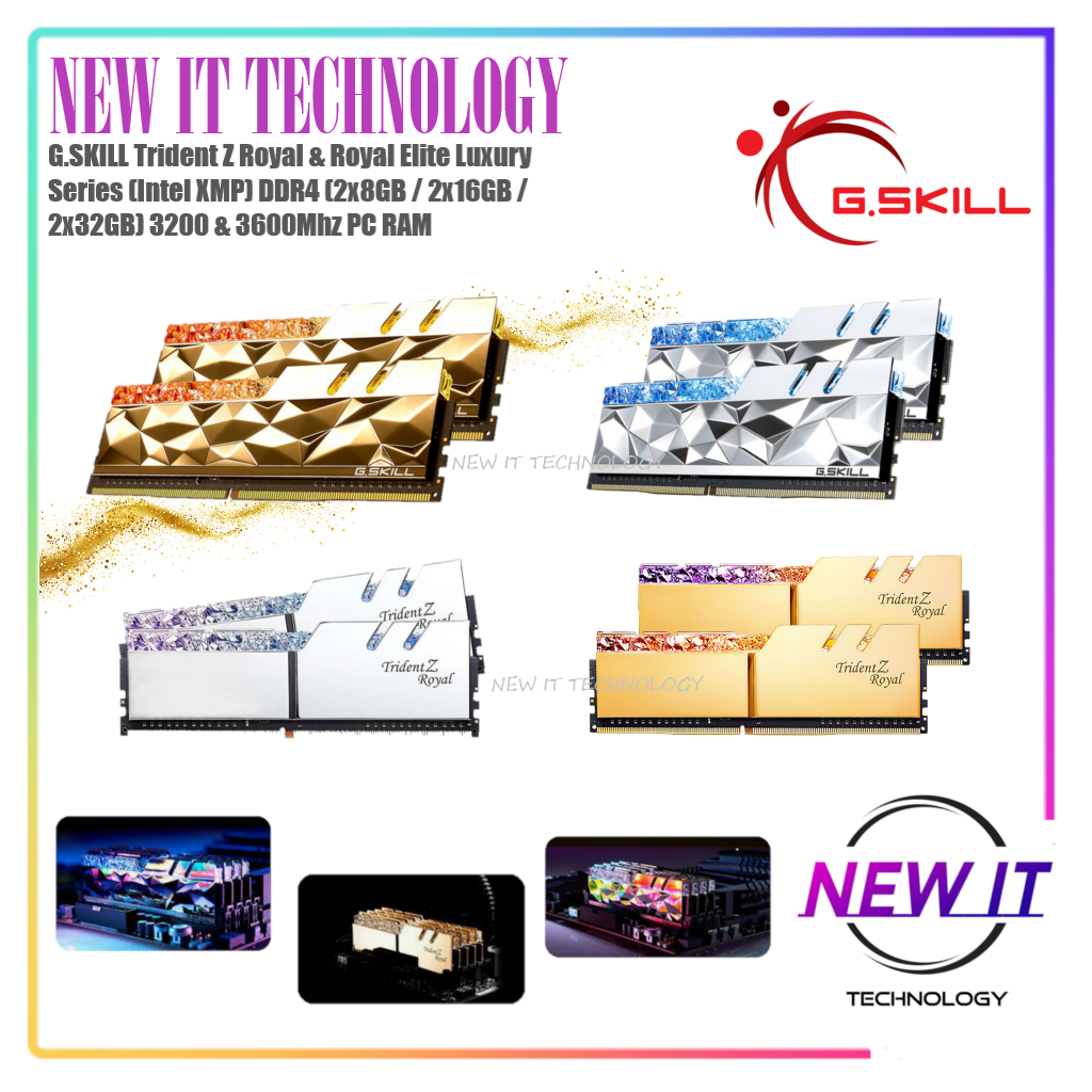 G.SKILL Trident Z Royal & Royal Elite Luxury Series (Intel XMP) DDR4 (2x8GB / 2x16GB / 2x32GB) 3200 
