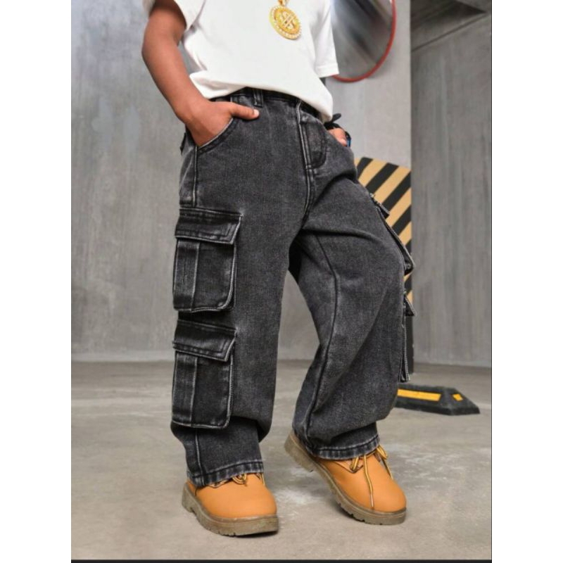 กางเกงยีนส์ Seluar Kargo 8pocket Double Baggy kargo สําหรับเด็ก Size 4yr to 12yr