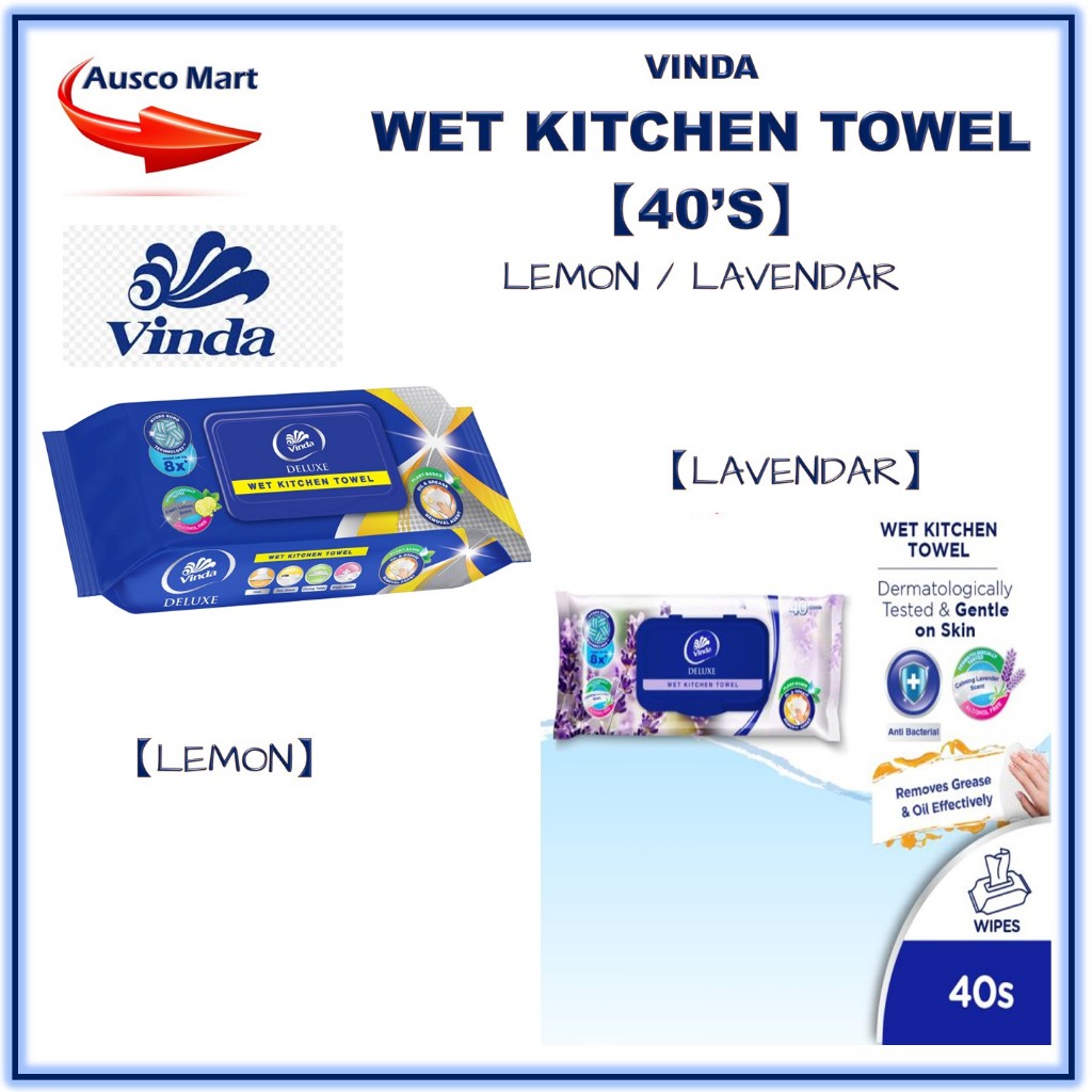 VINDA DELUXE WET KITCHEN WIPES 40S LEMON/LAV