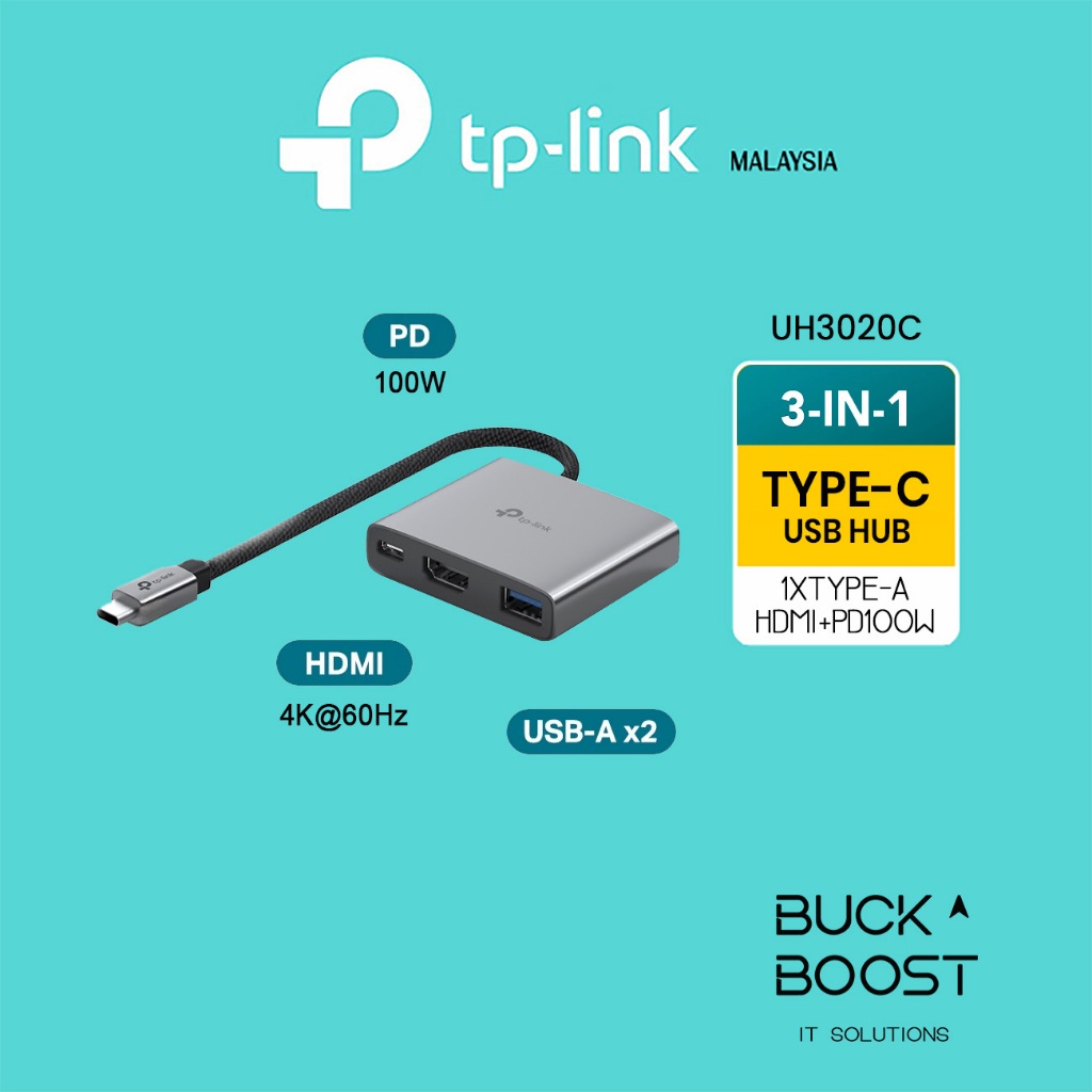 TP-LINK (UH3020C) USB Type-C 3 in 1 Hub, HDMI 4K@60Hz, PD 100W, USB-A 5Gbps, Self-Storage สําหรับขั้