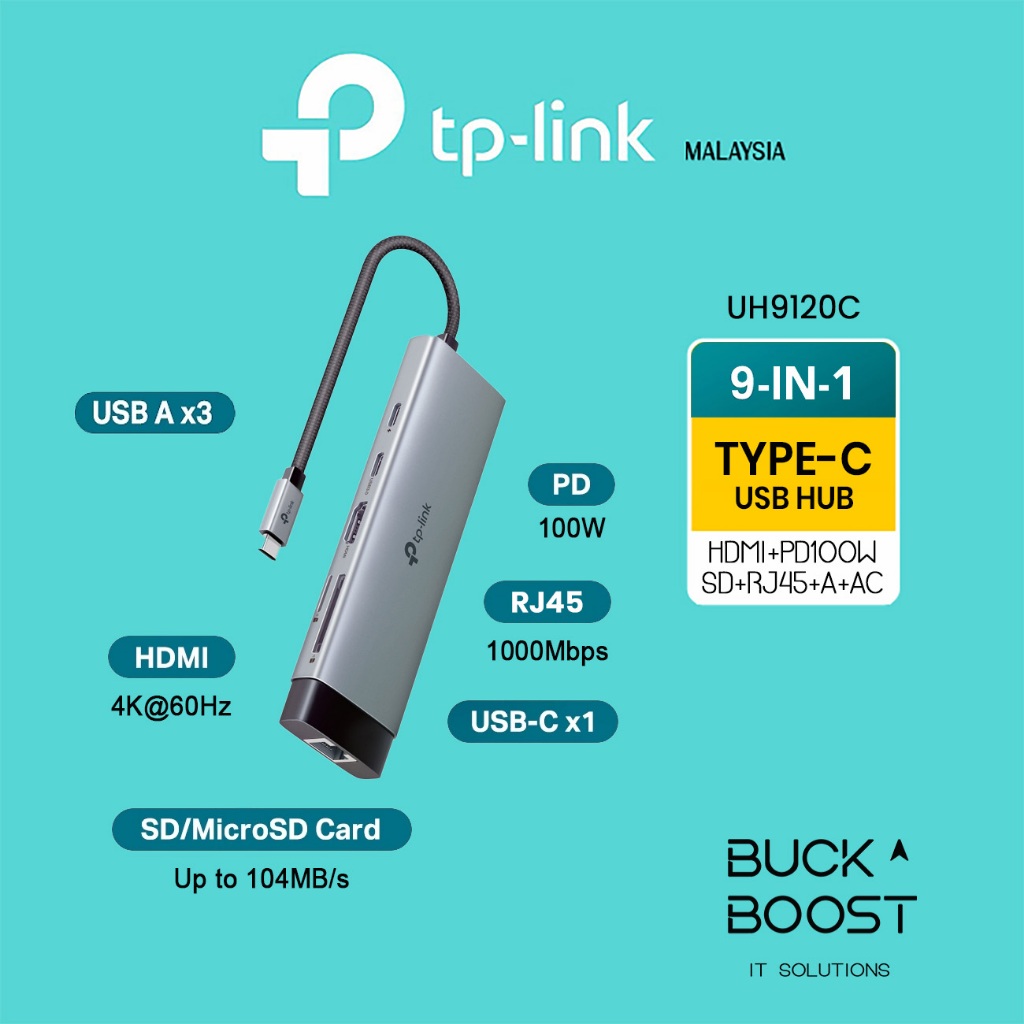 TP-LINK (UH9120C) ฮับ USB Type-C 9 in 1, HDMI 4K@60Hz, PD 100W, RJ45 1Gbps, เครื่องอ่านการ์ด MircoSD