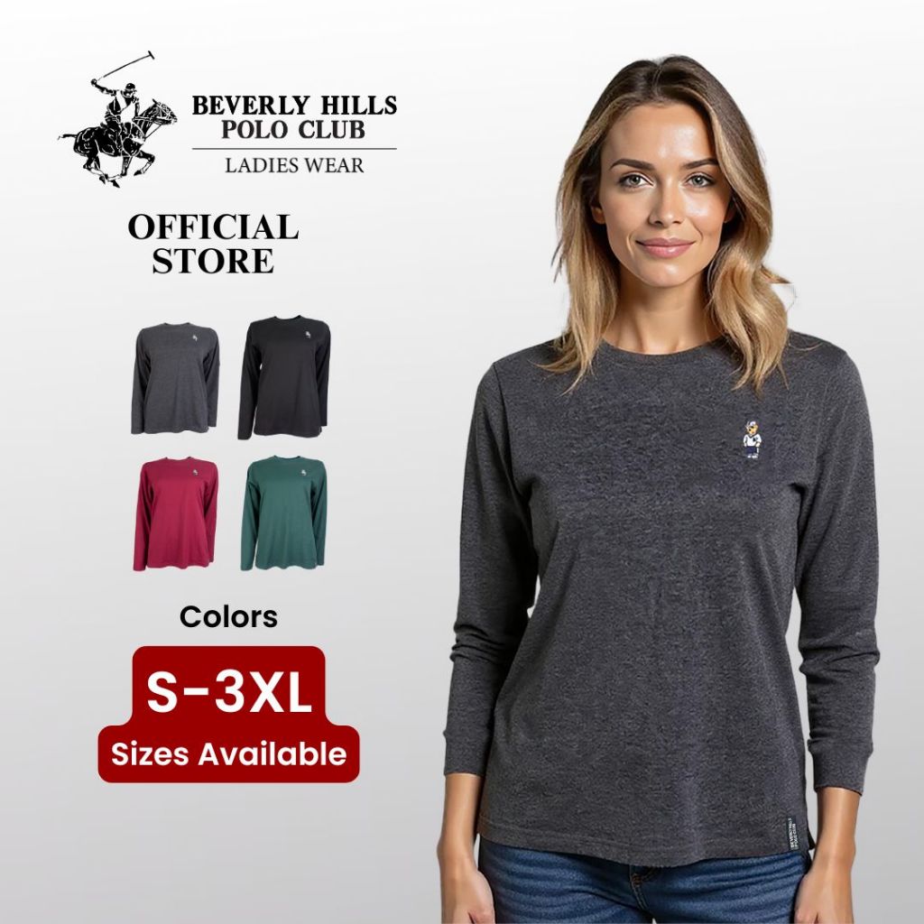 BHPC BHB378 เสื้อยืดผู้หญิงผู้หญิงผ้าฝ้าย Lengan Panjang | เสื้อคอกลมลําลอง Bear Logo S-3XL