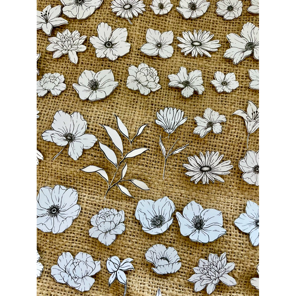 FATFAT ดอกไม้สีดําและสีขาวสติกเกอร์คอลเลกชัน Scrapbooking ตกแต่ง Journal