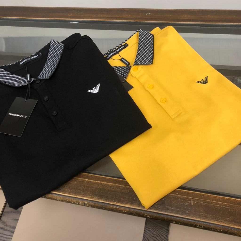 Giorgio Armani Men เสื้อโปโลธุรกิจลําลองผ้าฝ้ายเย็บปักถักร้อยทุกการแข่งขันผู้ชายแขนสั้น Kemeja Polo 