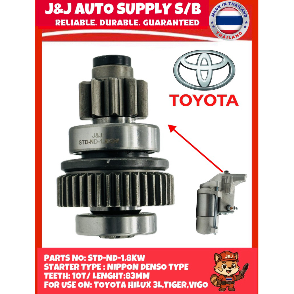 STD-ND-1.8KW ยี่ห้อ J&J NIPPON DENSO TYPE STARTER CLUTCH GEAR 10T สําหรับการใช้งานบน : TOYOTA HILUX 