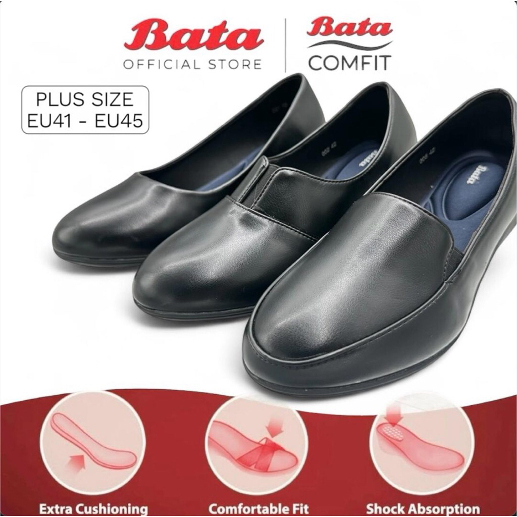 คุณภาพ Bata Ladys Plus ขนาด XXL Executive สีดําอย่างเป็นทางการ Rounded-flat Loafer รองเท้า Kasut Kulit Wanita Bata Saiz Bear