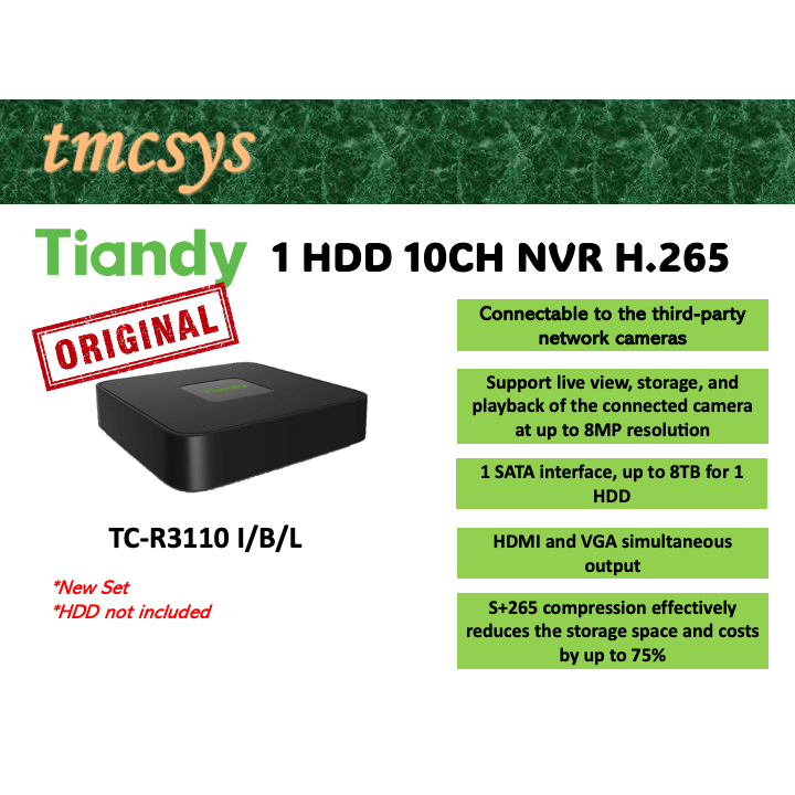 (รับประกัน 6 เดือน) TC-R3110 H.265 8CH NVR Recorder 1 HDD Slot Network Video Recorder Tiandy CCTV
