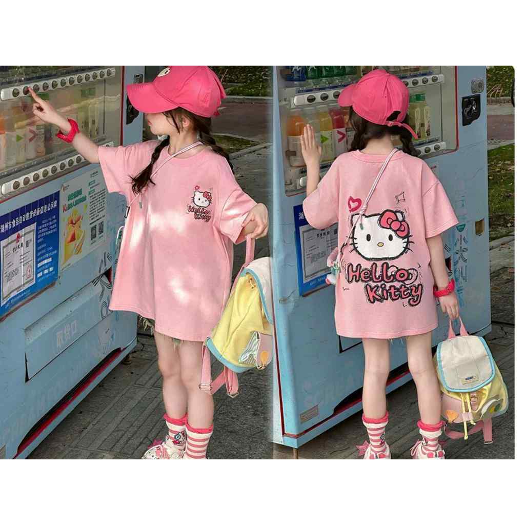 เสื้อยืด Hello Kitty ผ้าฝ้ายผู้หญิงพิมพ์ลาย Hello Kitty 女童棉印花蒂猫เสื้อยืด
