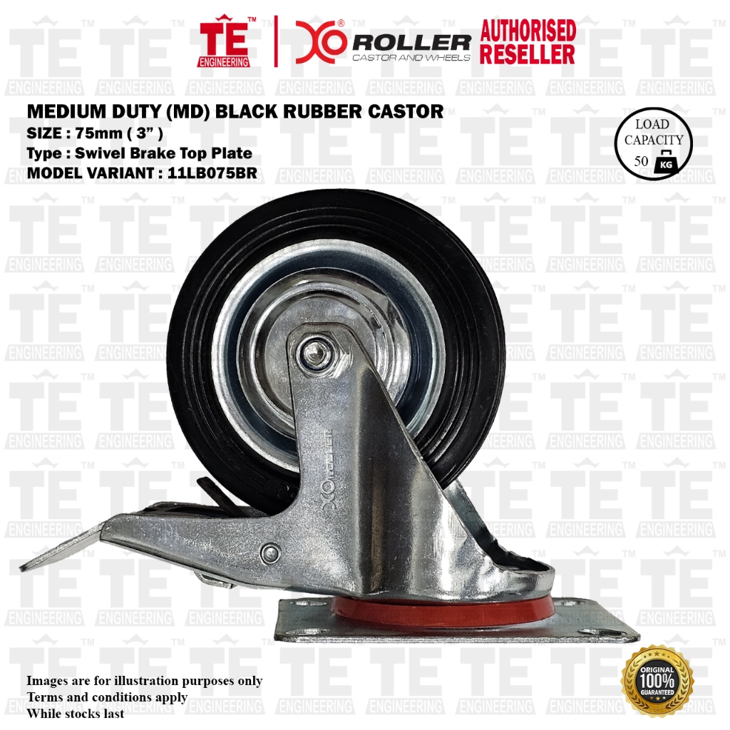 XO Roller 3" ( 75mm ) Medium Duty Black Rubber Swivel Brake Castor ( 11LB 075 BR )