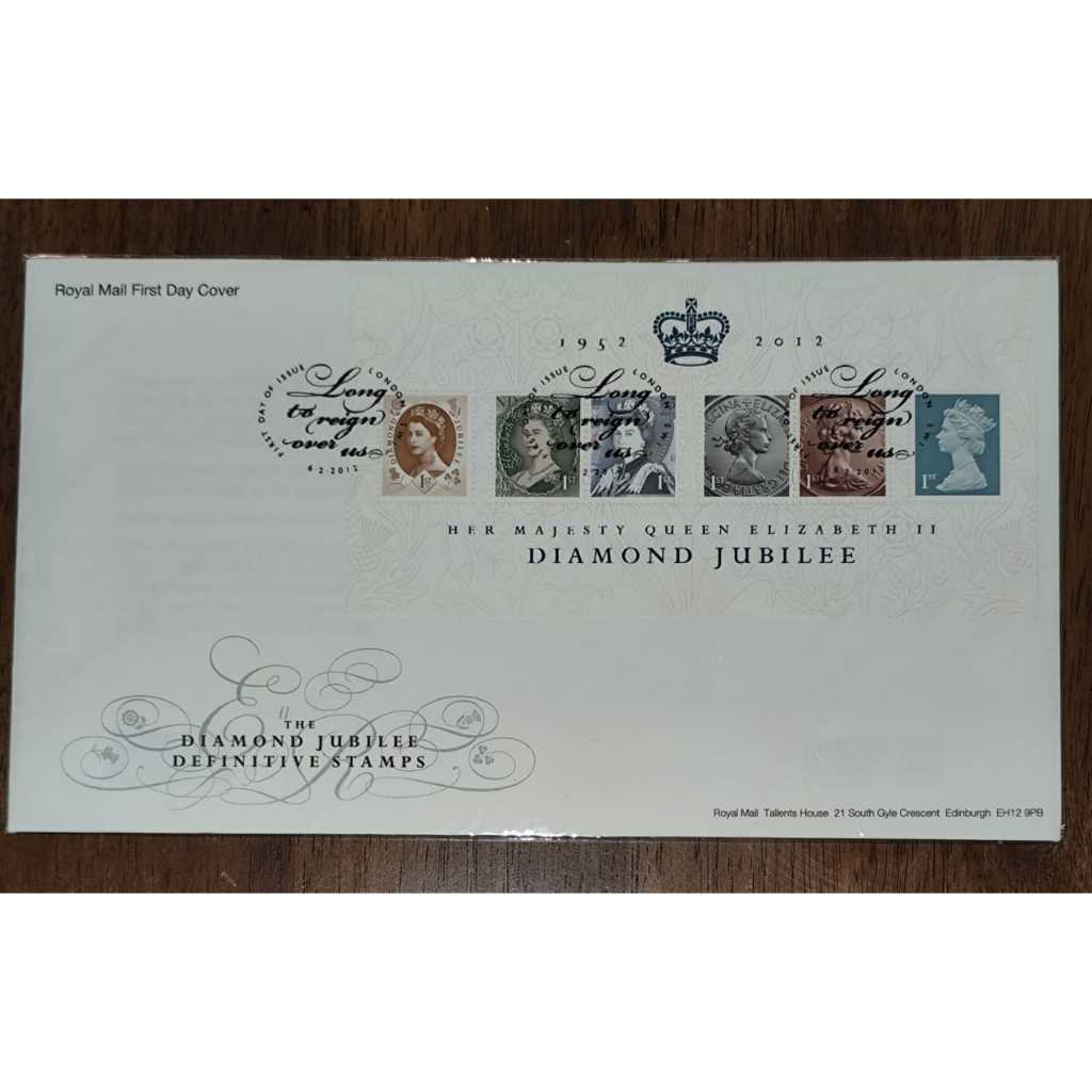 ปกวันแรกของ Royal Mail: Her Majesty Queen Elizabeth II Diamond Jubilee; ออกวันที่ 6 ก.พ. 2012