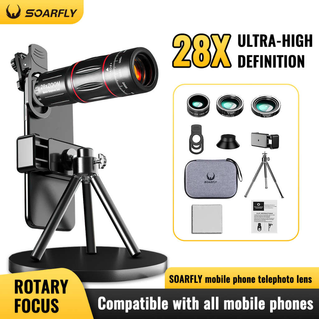 SOARFLY 4K HD โทรศัพท์กล้องโทรทรรศน์ตาข้างเดียวพร้อมขาตั้งกล้อง 28X Telephoto เลนส์ซูม Universal