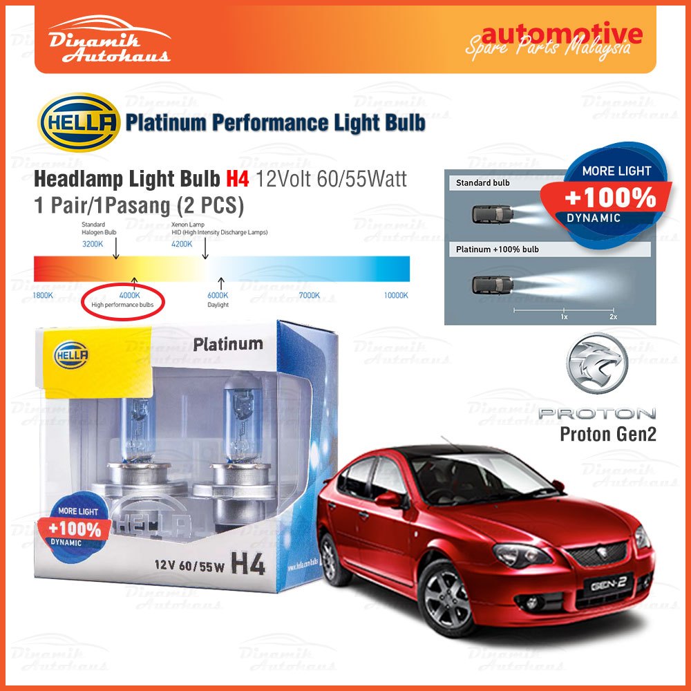 Proton Gen2 หลอดไฟหน้ารถยนต์ (1 คู่) Hella Platinum H4 หลอดไฟหน้าฮาโลเจน