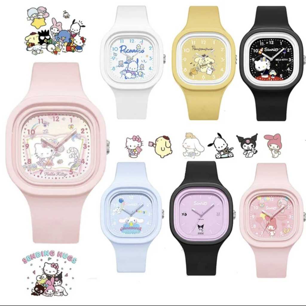 Jmall Snrio SPinkMelodi SBlackKitti SpurpleKoromi SWhiteKroMel สายซิลิโคนนาฬิกาสี่เหลี่ยม Jam Tangan