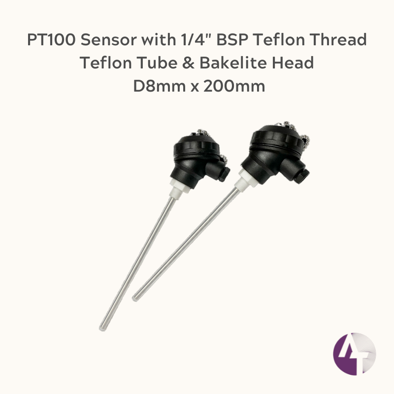 PT100 Sensor พร้อม 1/4" BSP ด้ายเทฟลอน Teflon Tube & Bakelite Head D8mm x 200mm