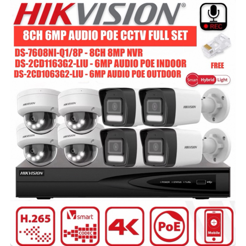 HIKVISION 8CH 6.0MP DS-7608NI-Q1/8P NVR + 6MP PoE CAMERA กล้องวงจรปิด IP เครือข่ายสมาร์ท Hybrid Ligh