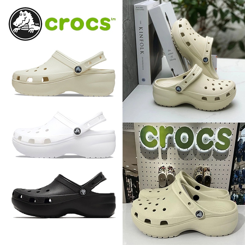 CROCS Cross ของแท้ classic platform clog White 4cm Heel Non-Slip Shoes