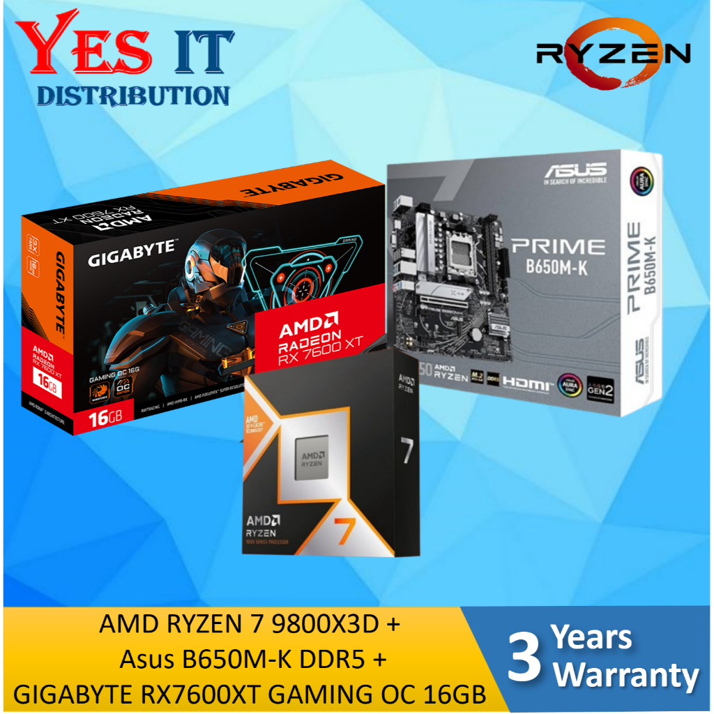 [ชุดคอมโบ] AMD RYZEN 7 9800X3D + Asus B650M-K DDR5 + GIGABYTE RX 7600 XT GAMING OC 16GD