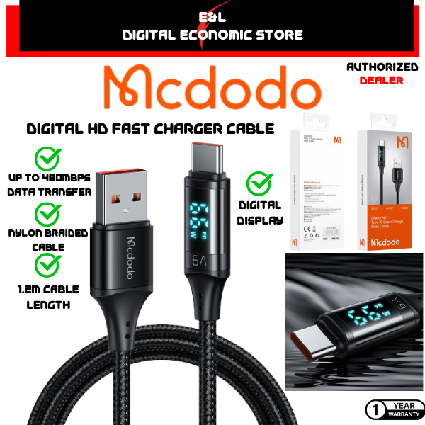 1yr Warranty MCDODO Digital HD Data Cable Super Charge Fast Charging Black 1.2m CA 1030 1060 1070 10