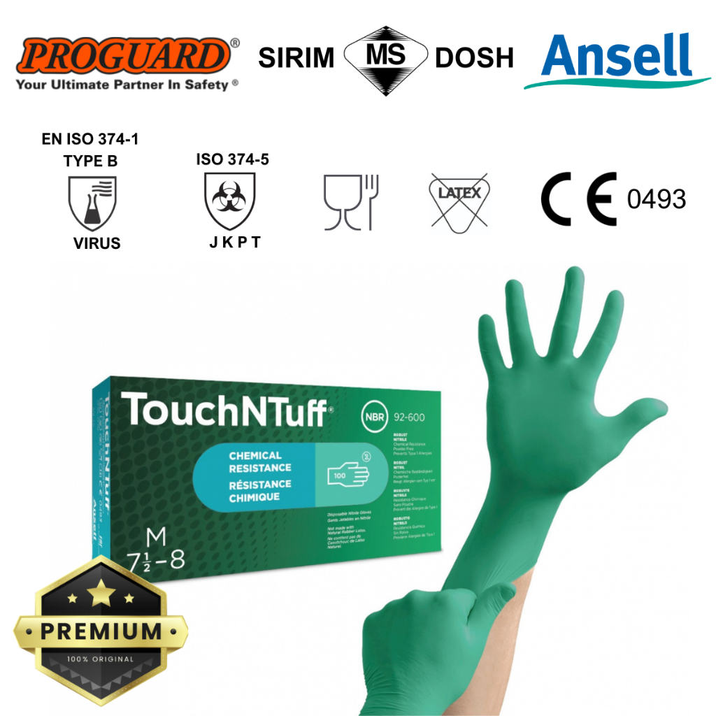 Ansell TouchNTuff 7g ผงทิ้งฟรีถุงมือไนไตรล์เกรดอาหารเคมีทางการแพทย์ TNT ANS-92-600 SIRIM DOSH PROGUA