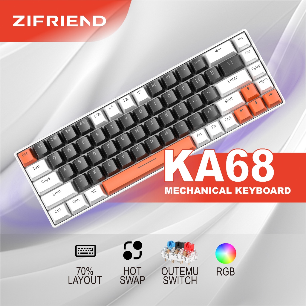 ZINFRIEND KA68 คีย์บอร์ดแบบกลไก rainbow backlit hotswap คีย์บอร์ดเกมสวิตช์สีแดง