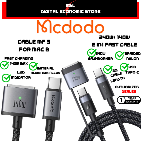 1Yr Warranty MCDODO Flash 140W 240W C to C หรือ MgSfe สายแม่เหล็กพร้อม LED 2M CA 1470 0140 อุปกรณ์เส